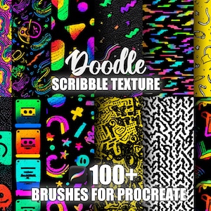 May include: A selection of digital art textures with a doodle and scribble theme. The image showcases diverse colourful patterns, including neon and rainbow designs, with the text "Doodle Scribble Texture" and "100+ Brushes for Procreate".