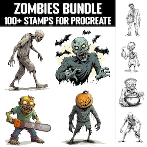 Może przedstawiać: Zestaw ponad 100 cyfrowych znaczków z różnymi ilustracjami zombie do użycia w aplikacji Procreate. Znaki zawierają zombie z różnymi wyrażeniami twarzy, pozami i dodatkami, takimi jak głowa dyni, piła łańcuchowa i kocioł.