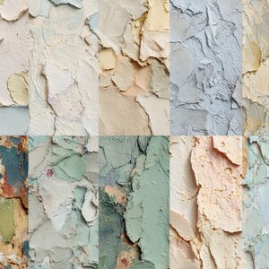 K&ouml;nnte beinhalten: Nahaufnahme einer strukturierten Oberfl&auml;che mit einem Patchwork aus Farben. Die Farben umfassen Wei&szlig;-, Beige-, Blau-, Gr&uuml;n- und Pfirsicht&ouml;ne. Die Oberfl&auml;che scheint aus geschichteten Materialien zu bestehen, wodurch eine raue, unebene Textur entsteht.