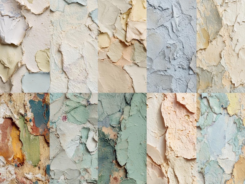 K&ouml;nnte beinhalten: Nahaufnahme einer strukturierten Oberfl&auml;che mit einem Patchwork aus Farben. Die Farben umfassen Wei&szlig;-, Beige-, Blau-, Gr&uuml;n- und Pfirsicht&ouml;ne. Die Oberfl&auml;che scheint aus geschichteten Materialien zu bestehen, wodurch eine raue, unebene Textur entsteht.