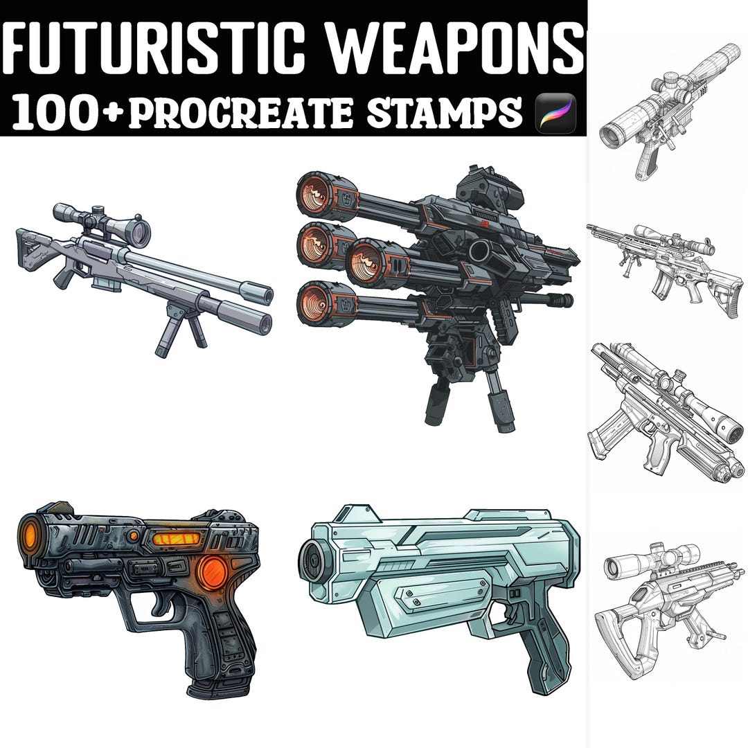 100+ Futuristic Weapons Procreate Stamps | Procreate Brushes | Instant ...