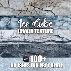 May include: A digital image featuring ice crack textures in shades of grey and blue. The text reads "Ice Cube Crack Texture" and "100+ Brushes for Procreate". The image presents a variety of cracked ice patterns for digital art.