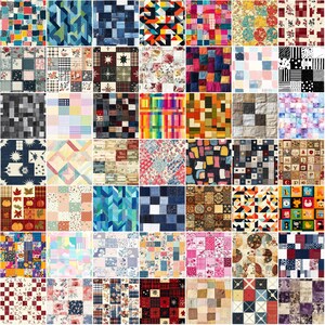 May include: A grid of 49 fabric swatches, each with a unique patchwork design. The patterns include floral, geometric, and abstract motifs in a variety of colors such as blue, red, green, and yellow. The overall aesthetic is a mix of vintage and modern styles.