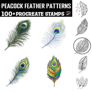 May include: A set of 100+ Procreate stamps featuring peacock feather patterns. The stamps include a variety of colors and styles, including green, blue, yellow, and black. The stamps are perfect for adding a touch of elegance to your digital art.