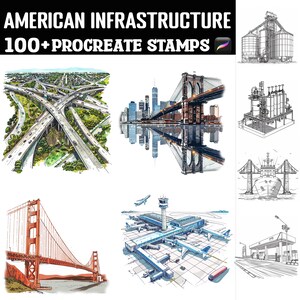 May include: A set of 100+ Procreate stamps featuring illustrations of American infrastructure, including bridges, highways, airports, and industrial buildings. The stamps are in black and white line art style.