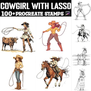 Puede incluir: Un conjunto de más de 100 sellos digitales con ilustraciones de vaqueras con lazos. Los sellos están diseñados para su uso en la aplicación Procreate. Las ilustraciones presentan vaqueras en varias poses, incluyendo montar a caballo, atar ganado y estar de pie con sus lazos. Los sellos son de varios colores, incluyendo rojo, amarillo, azul y negro.