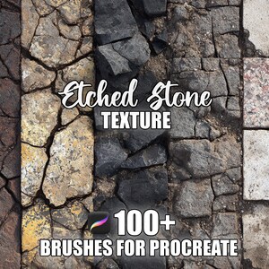 May include: An image showcasing various etched stone textures, including cracked and weathered surfaces in shades of brown, gray, and beige. The text "Etched Stone Texture" and "100+ Brushes for Procreate" are overlaid on the image, along with the Procreate logo.