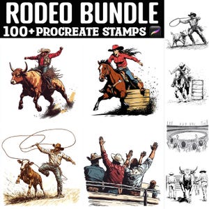 Puede incluir: Un conjunto de ilustraciones digitales de más de 100 sellos Procreate que representan escenas de rodeo. Las ilustraciones incluyen vaqueros, vaqueras, caballos, toros y otras imágenes con temática de rodeo. Los sellos son perfectos para crear arte digital, scrapbooking y otros proyectos creativos.