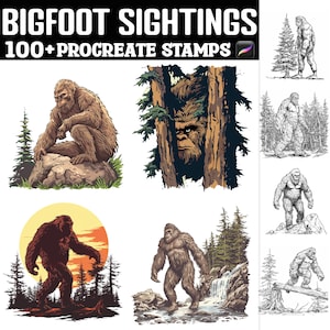 Puede incluir: Un conjunto de más de 100 sellos digitales con ilustraciones de Bigfoot en varias poses y entornos. Los sellos están diseñados para su uso en la aplicación Procreate.