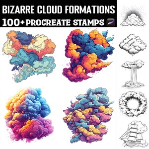 May include: A set of 100+ digital stamps featuring whimsical cloud formations in various colors and styles. The stamps are designed for use in Procreate, a popular digital art app. The image shows examples of the stamps, including swirling clouds, fluffy clouds, and dramatic storm clouds.