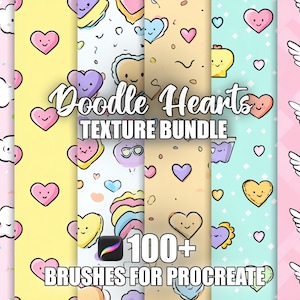 May include: A colorful digital art bundle featuring various heart designs, clouds, and other cute illustrations. The text "Doodle Hearts Texture Bundle" and "100+ Brushes for Procreate" are displayed. The color palette includes pink, yellow, and blue.