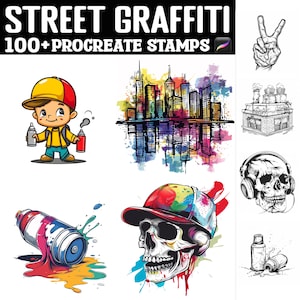 Może przedstawiać: Zestaw ponad 100 cyfrowych znaczków do Procreate z motywami street artu i graffiti. Znaczek zawiera postać z kreskówki trzymającą puszki ze sprayem, czaszkę w czapce, panoramę miasta z efektem akwareli i budynek z graffiti.
