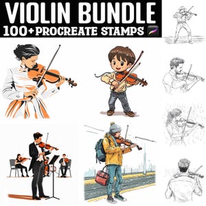 May include: A digital illustration set of 100+ Procreate stamps featuring various violin designs. The stamps include illustrations of people playing violins, violins in different positions, and musical notes. The set is perfect for creating digital art and illustrations.