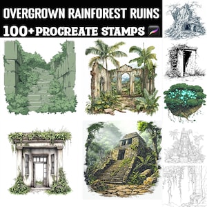 Puede incluir: Conjunto de arte digital que presenta ruinas de selva tropical cubiertas de vegetación. La imagen incluye ilustraciones de antiguas escaleras, edificios en ruinas y templos, todos envueltos en exuberante vegetación. El texto en la parte superior dice "OVERGROWN RAINFOREST RUINS 100+ PROCREATE STAMPS."