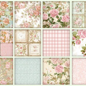 May include: A collage of floral patterns featuring roses in various shades of pink, peach, and cream. The designs include checkered, framed, and all-over floral arrangements, with a soft, vintage aesthetic.