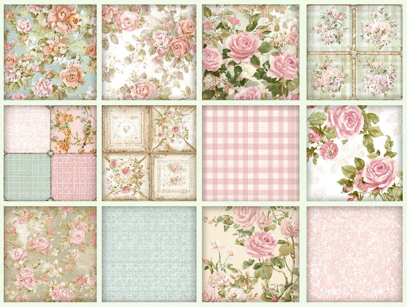 May include: A collage of floral patterns featuring roses in various shades of pink, peach, and cream. The designs include checkered, framed, and all-over floral arrangements, with a soft, vintage aesthetic.