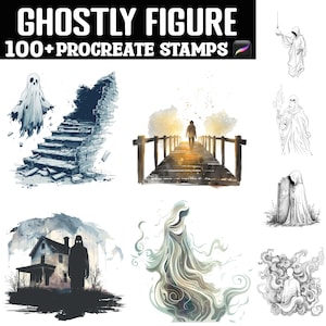 Puede incluir: Un conjunto de más de 100 sellos digitales que presentan figuras fantasmales en varias poses y escenarios. Los sellos están diseñados para su uso en la aplicación Procreate. Las imágenes incluyen un fantasma que emerge de una pared de ladrillo en ruinas, una figura caminando por un puente, un fantasma con un vestido fluido y un fantasma de pie frente a una casa.