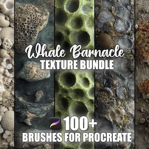 May include: A digital art bundle featuring various textures of whale barnacles. The image showcases a collection of diverse textures in shades of white, green, gray, and brown. Text overlay reads "Whale Barnacle Texture Bundle" and "100+ Brushes for Procreate".