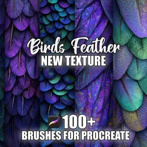 May include: Digital art featuring a collection of bird feather textures in shades of purple, teal, and blue. The image includes the text "Birds Feather NEW TEXTURE" and "100+ BRUSHES FOR PROCREATE".