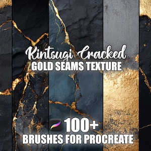 May include: A digital art graphic featuring a collection of textures with a Kintsugi Cracked Gold Seams design. The textures are in shades of black, gray, and gold. The image includes the text "Kintsugi Cracked Gold Seams Texture" and "100+ Brushes for Procreate."