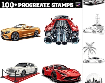 Könnte beinhalten: Ein digitales Stempel-Paket mit über 100 Illustrationen von Luxusautos. Die Stempel sind für die Verwendung in der Procreate-App konzipiert. Das Bild zeigt eine Vielzahl von Autostilen, darunter ein Cabrio, ein Sportwagen, eine Limousine und ein Oldtimer.
