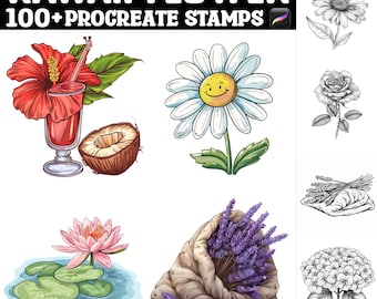 May include: A set of 100+ digital stamps featuring cute, hand-drawn illustrations of flowers, including a daisy with a smiley face, a hibiscus flower, a lavender bouquet, a water lily, and a hydrangea. The stamps are designed for use in the Procreate app.