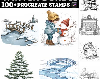 May include: A set of 100+ winter-themed Procreate stamps featuring illustrations of a girl building a snowman, a bridge over a frozen stream, a snowy pine tree, a fireplace with a wreath, and a cosy winter scene with a cup of coffee and books.
