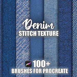 Peut inclure: Graphique d'art numérique présentant diverses textures de couture denim dans des tons bleus. Le texte "Denim Stitch Texture" est affiché dans une police stylisée, avec "100+ Brushes for Procreate" en dessous.