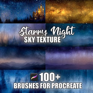 Op de afbeelding: Digitale kunstafbeelding met diverse texturen van de nachtelijke sterrenhemel. De afbeelding bevat een kasteelsilhouet, een bos en de tekst "Starry Night Sky Texture" en "100+ Brushes for Procreate."