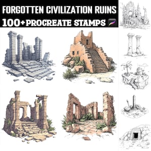 May include: A set of 100+ digital stamps featuring hand-drawn illustrations of ancient ruins. The stamps are perfect for adding a touch of history and mystery to your digital art projects.  The stamps include various architectural elements, such as columns, arches, walls, and stairs, as well as natural elements like trees and rocks.