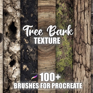 Può includere: Una grafica di arte digitale che mostra varie trame di corteccia d'albero. L'immagine presenta una varietà di motivi di corteccia, tra cui sezioni trasversali e strisce verticali, con colori che vanno dal marrone chiaro al marrone scuro e nero. La sovrapposizione di testo recita "Tree Bark Texture" e "100+ Brushes for Procreate."