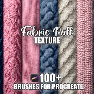 Puede incluir: Una colección de varias texturas de tejido de punto en tonos de azul, rosa y crema. La imagen presenta diferentes patrones de punto, incluyendo diseños de cable y canalé. El texto dice "Fabric Pull Texture" y "100+ Brushes for Procreate".