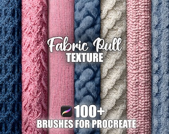 May include: A collection of various knitted fabric textures in shades of blue, pink, and cream. The image features different knit patterns, including cable and ribbed designs. Text reads "Fabric Pull Texture" and "100+ Brushes for Procreate".