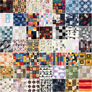 May include: A collection of fabric swatches with various patterns and colors. The swatches include floral, geometric, and patchwork designs. Colors range from vibrant reds and blues to softer pastels and neutral tones. The image showcases a variety of textile designs.