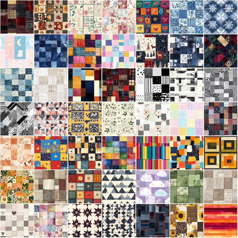 May include: A collection of fabric swatches with various patterns and colors. The swatches include floral, geometric, and patchwork designs. Colors range from vibrant reds and blues to softer pastels and neutral tones. The image showcases a variety of textile designs.