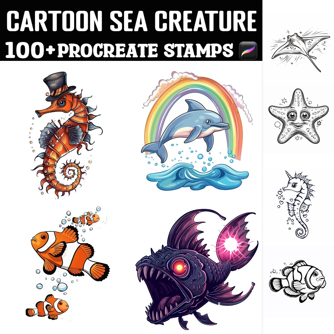 100+ Cartoon Sea Creatures Procreate Stamps | Procreate Brushes ...