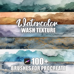 Może przedstawiać: Grafika cyfrowa z teksturami zmywania akwarelą w odcieniach turkusu, brązu, fioletu i złota. Tekst "Watercolor Wash Texture" jest wyświetlany kursywą, z napisem "100+ Brushes for Procreate" poniżej.