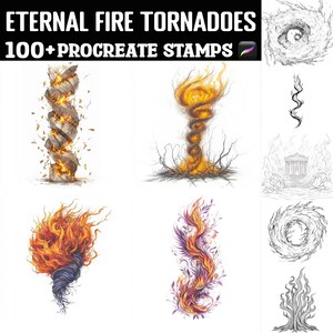 May include: Digital art featuring illustrations of fire tornados and other fiery elements. The text "Eternal Fire Tornadoes" and "100+ Procreate Stamps" is displayed at the top. The image includes various depictions of fire and swirling patterns.