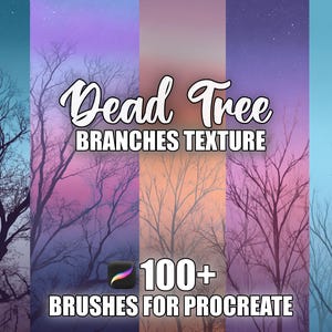 以下が含まれることがあります： Procreate用のデジタルアートブラシ。枯れ木の枝が描かれています。画像には、青、紫、オレンジのグラデーションなど、さまざまな背景が表示されています。「Dead Tree Branches Texture」と「100+ Brushes for Procreate」というテキストがあります。