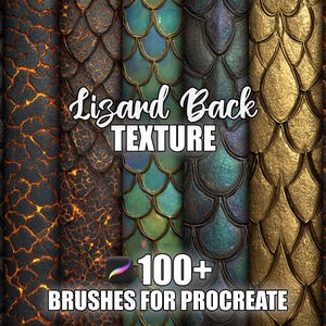 Puede incluir: Gráfico de arte digital con diversas texturas de espalda de lagarto en tonos negro, dorado, verde y naranja. Se muestra el texto "Lizard Back TEXTURE", junto con "100+ BRUSHES FOR PROCREATE".