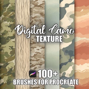 May include: A selection of digital camo textures in shades of green, brown, and beige. The image displays the text "Digital Camo Texture" and "100+ Brushes for Procreate."
