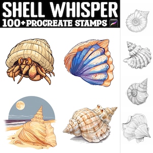 Puede incluir: Un conjunto de más de 100 sellos de Procreate con ilustraciones coloridas y detalladas de conchas marinas, un cangrejo ermitaño y una escena de playa. Los sellos son perfectos para agregar un toque de fantasía y naturaleza a tu arte digital.