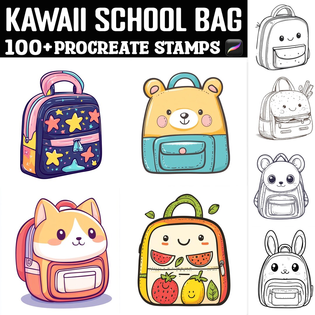 100+ Kawaii School Bag Procreate Stamps | Procreate Brushes | Instant ...