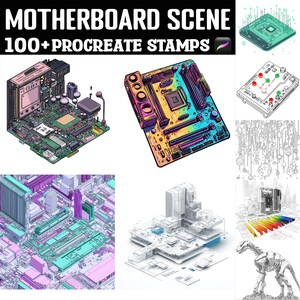 May include: Digital art featuring computer motherboard designs and architectural renderings. The image includes colorful illustrations of circuit boards and a cityscape with a dinosaur skeleton. Text at the top reads "MOTHERBOARD SCENE 100+ PROCREATE STAMPS."