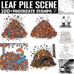 Puede incluir: Arte digital con escenas de montones de hojas. La parte superior de la imagen dice "LEAF PILE SCENE" y "100+ PROCREATE STAMPS". La imagen incluye ilustraciones de montones de hojas, una persona en una carretilla y un perro en hojas.