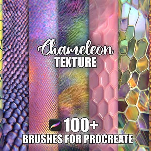 Puede incluir: Gráfico de arte digital con diversas texturas de camaleón coloridas. La imagen incluye el texto "Chameleon TEXTURE" y "100+ BRUSHES FOR PROCREATE". Las texturas varían de amarillo y morado a rosa y dorado.