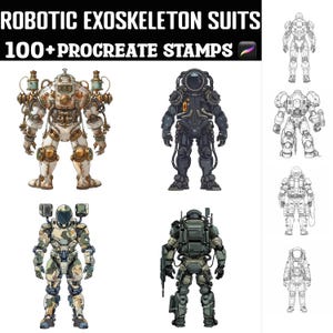 May include: A set of 100+ digital stamps featuring robotic exoskeleton suits in various styles and colors. The stamps are designed for use in Procreate, a popular digital art app.