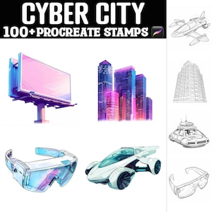 May include: A set of 100+ digital stamps for Procreate featuring a cyberpunk city theme. The stamps include futuristic buildings, vehicles, and accessories, such as a billboard, a flying car, and a pair of glasses.