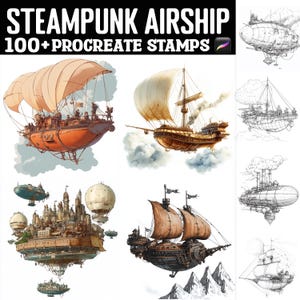 May include: A digital illustration set of 100+ steampunk airship stamps for Procreate. The set includes a variety of airships, including blimps, dirigibles, and flying ships. The stamps are in a variety of styles, from realistic to whimsical.