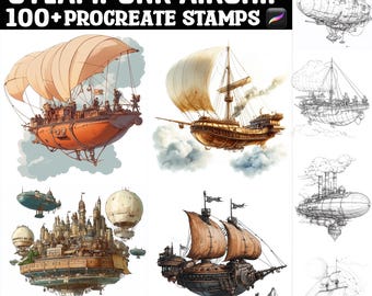 100+ Steampunk Airship Procreate Stamps | Procreate Brushes | Instant Digital Download